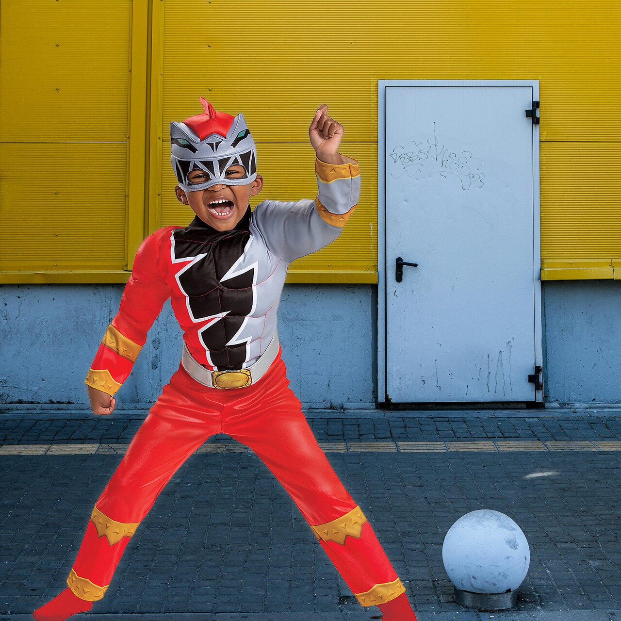 Eye Catching Toddler Red Ranger Dino Fury Muscle Jumpsuit Belt Headpiece
